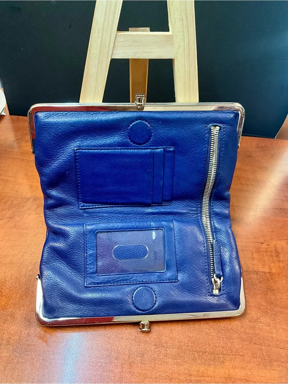HOBO Navy Leather Frame Clutch with Silver Trim